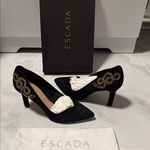Escada Elegant Black Heels with Gold Embellishments